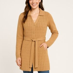 John Paul Richard Uniform Camel Belted Cable Knit Cardigan Sweater Coat M